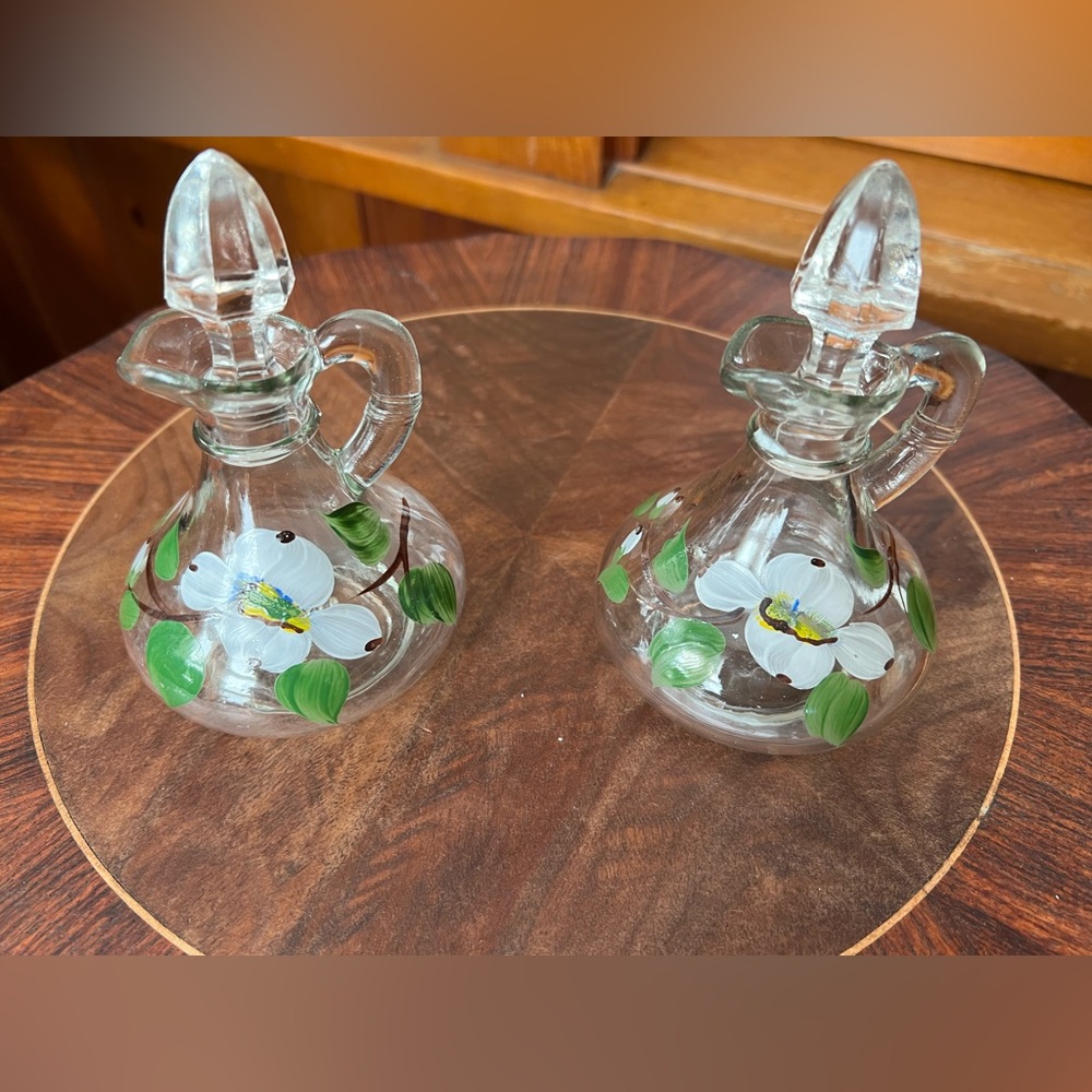 Vtg Cruet Set Hand Painted Glass Pair Floral Dogwood Pattern White Green Brown